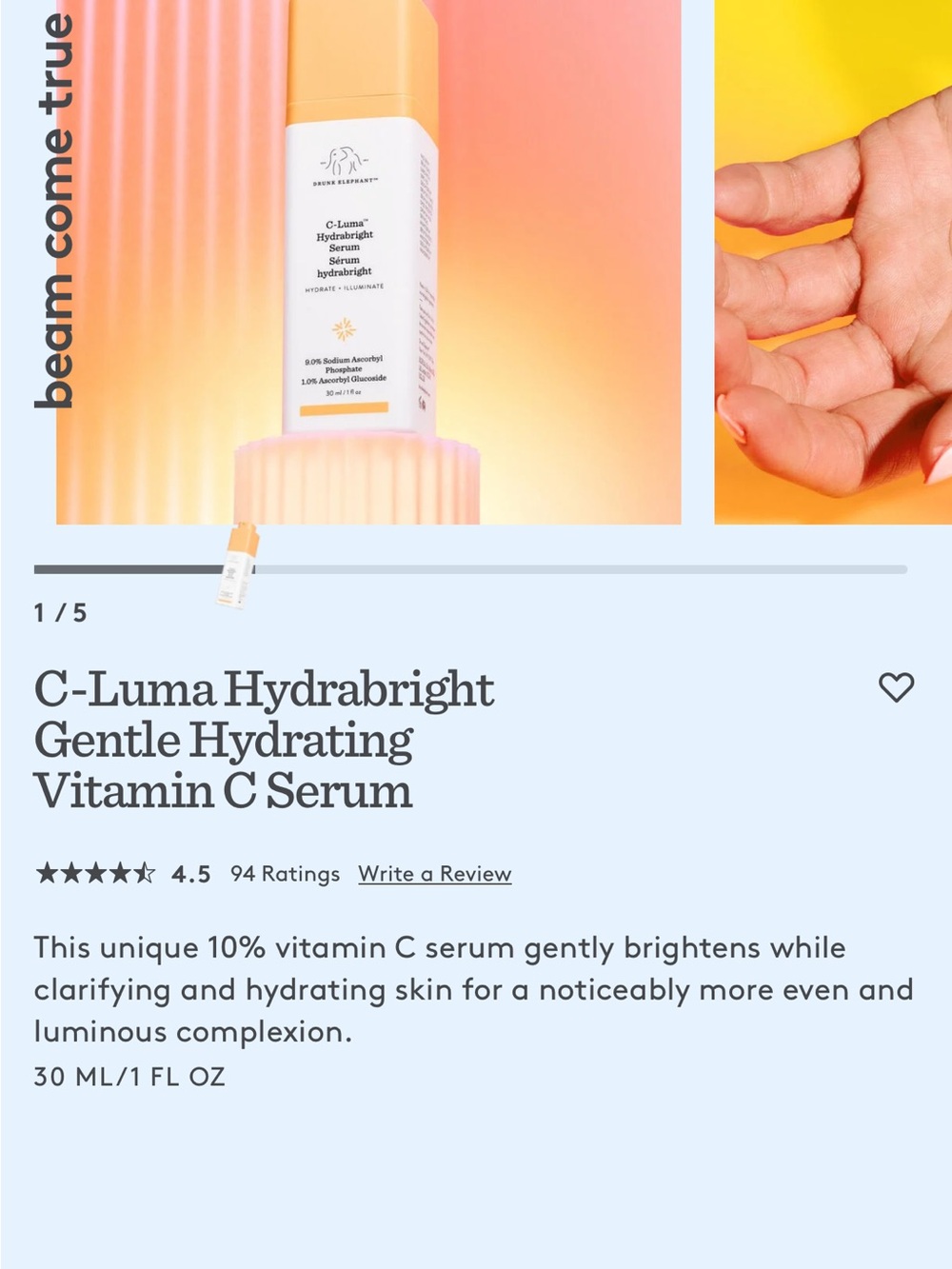 Drunk Elephant C-Luma Hydrabrigh t Serum - White and Orange